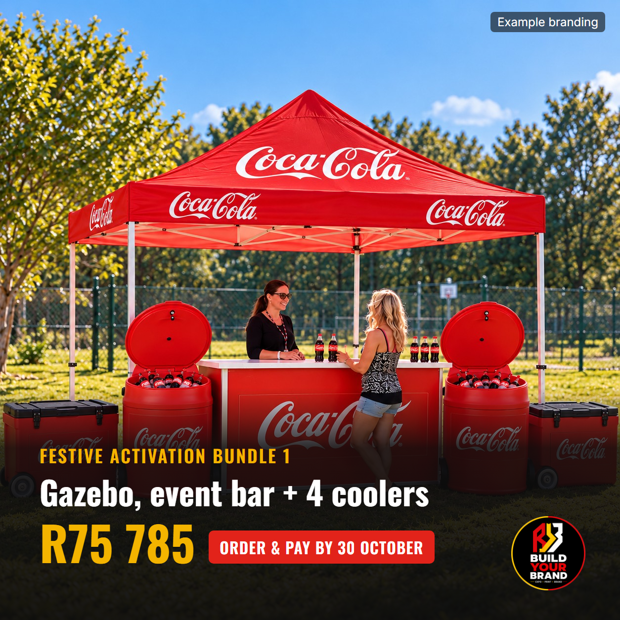 Festive Activation Bundle 1: branded 3m gazebo, collapsible event bar, two Caribbean coolers and two wheelie coolers