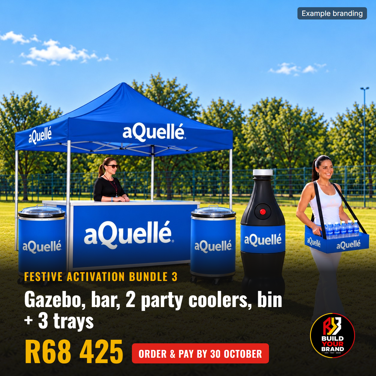 Festive Activation Bundle 3: branded 3m gazebo, two party coolers, collapsible event bar, waste bin and three vendor trays
