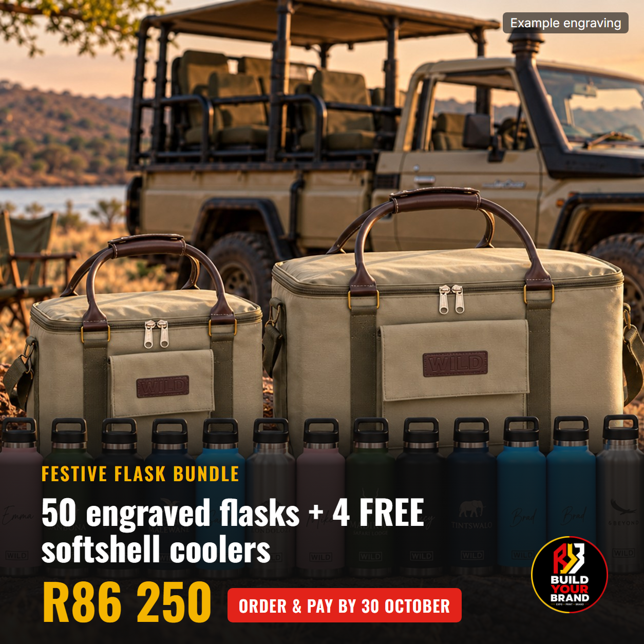 50 engraved stainless steel flasks with four free softshell coolers