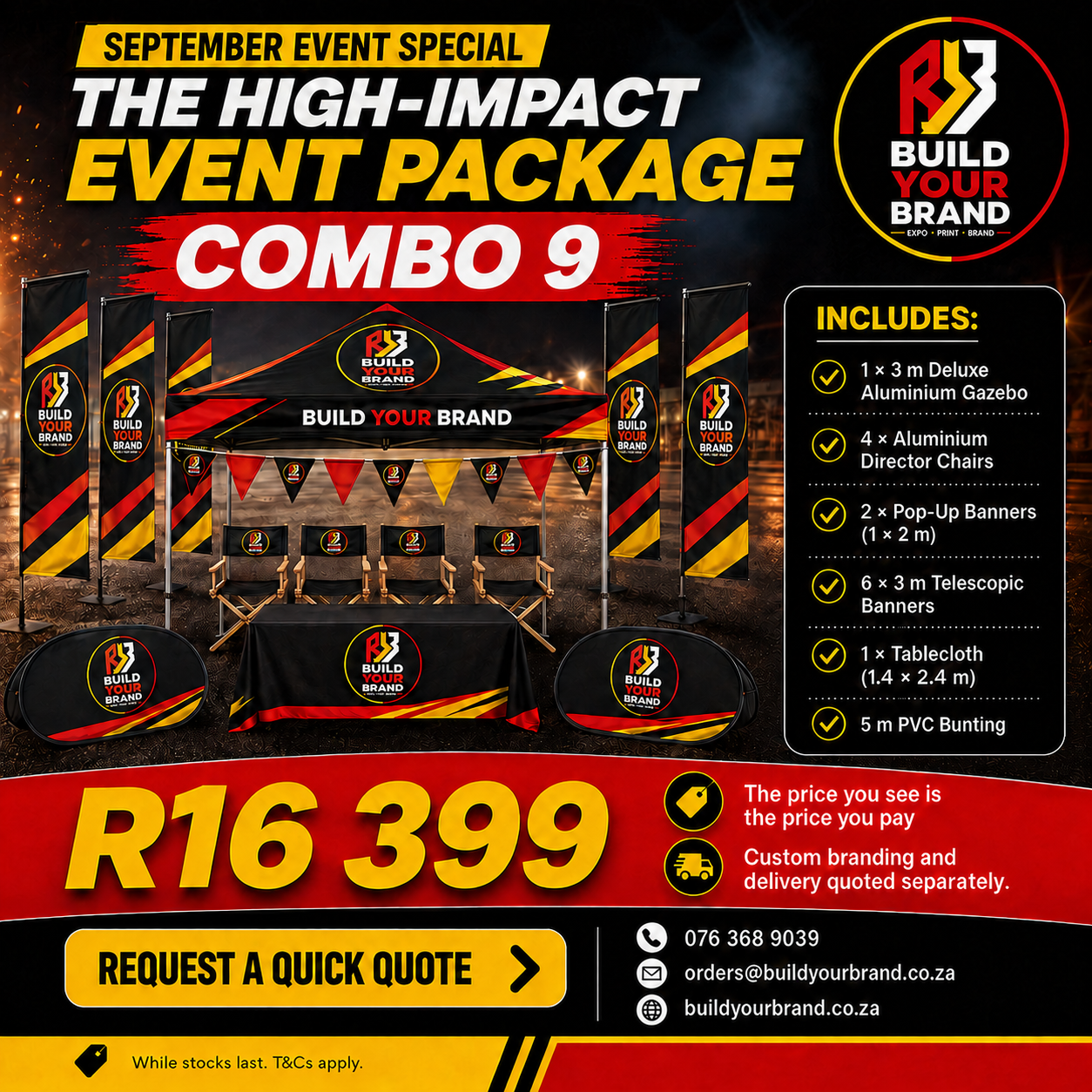 Build Your Brand Combo 9 with a 3 metre deluxe aluminium gazebo, aluminium director chairs, pop-up banners, telescopic banners, PVC bunting and tablecloth