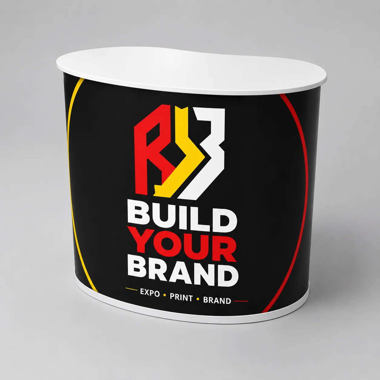Build Your Brand Kidney Shape 900mm x 900mm Promo Counter - Complete